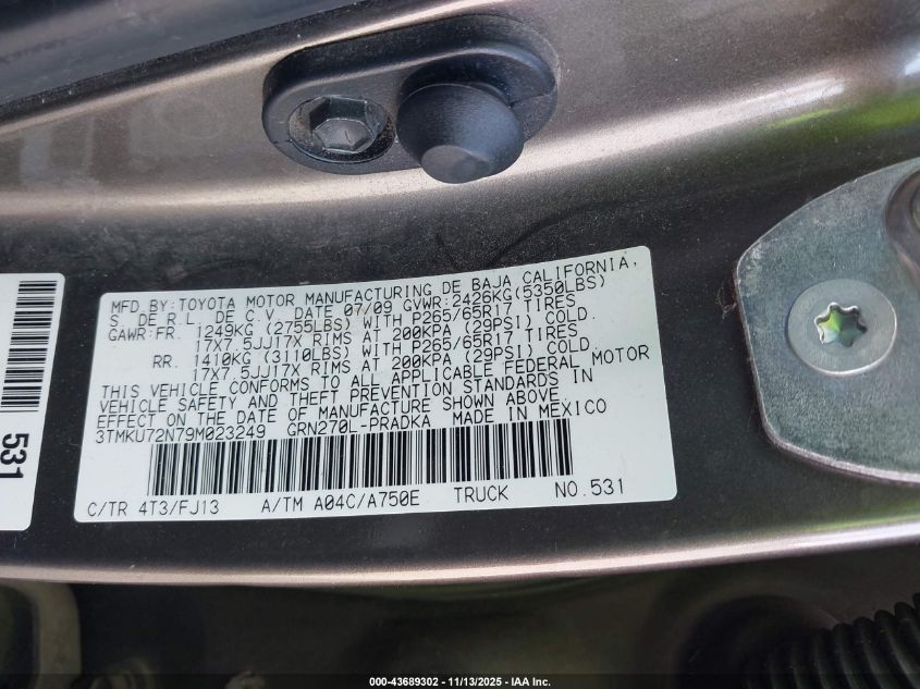 2009 Toyota Tacoma Prerunner V6 VIN: 3TMKU72N79M023249 Lot: 43689302