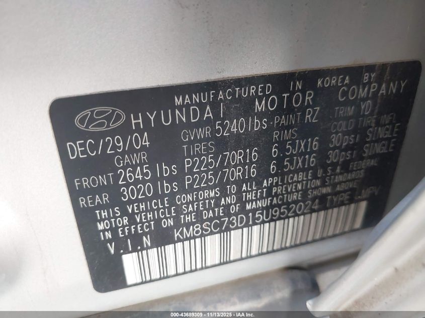 2005 Hyundai Santa Fe Gls VIN: KM8SC73D15U952024 Lot: 43689309