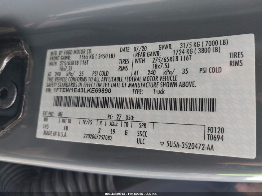 2020 Ford F150 Supercrew VIN: 1FTEW1E43LKE69890 Lot: 43689314