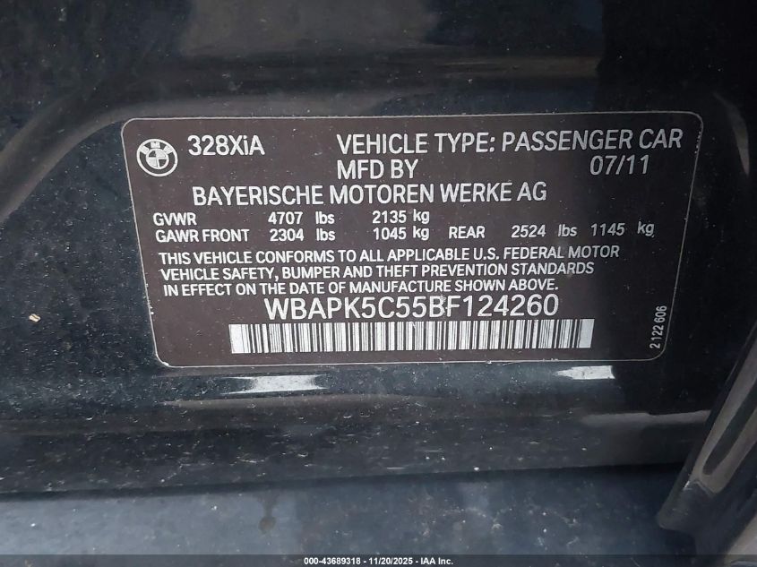 2011 BMW 328I xDrive VIN: WBAPK5C55BF124260 Lot: 43689318