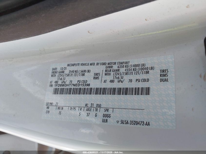 2022 Ford F-350 Chassis Xl VIN: 1FD8W3HT7NED15398 Lot: 43689321
