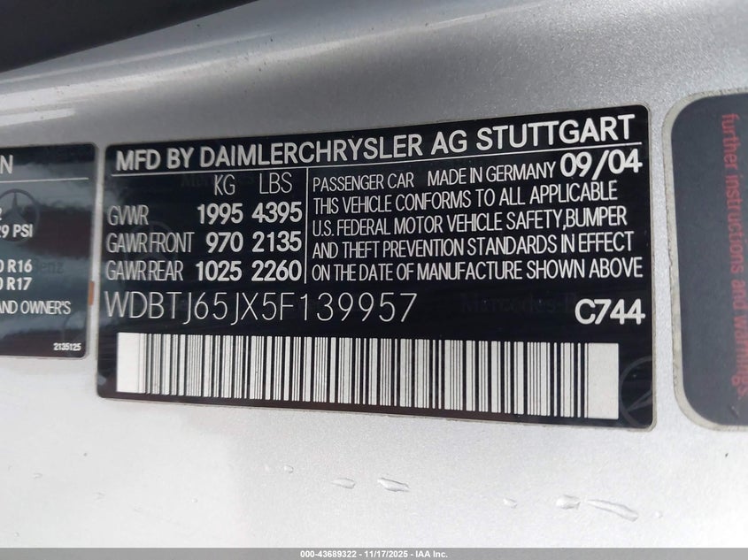 2005 Mercedes-Benz Clk 320 VIN: WDBTJ65JX51FL3995 Lot: 43689322