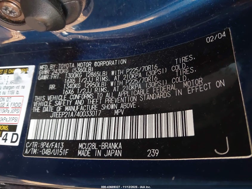 JTEEP21A740033017 2004 TOYOTA HIGHLANDER photo no. 9