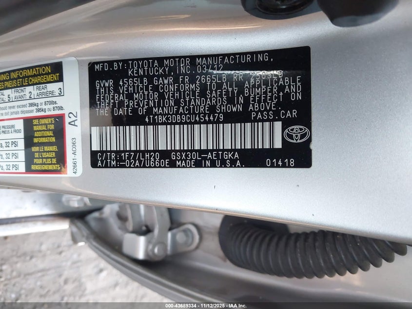 4T1BK3DB9CU454479 2012 TOYOTA AVALON photo no. 9