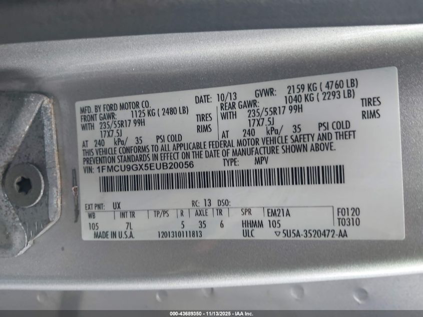 2014 Ford Escape Se VIN: 1FMCU9GX5EUB20056 Lot: 43689350