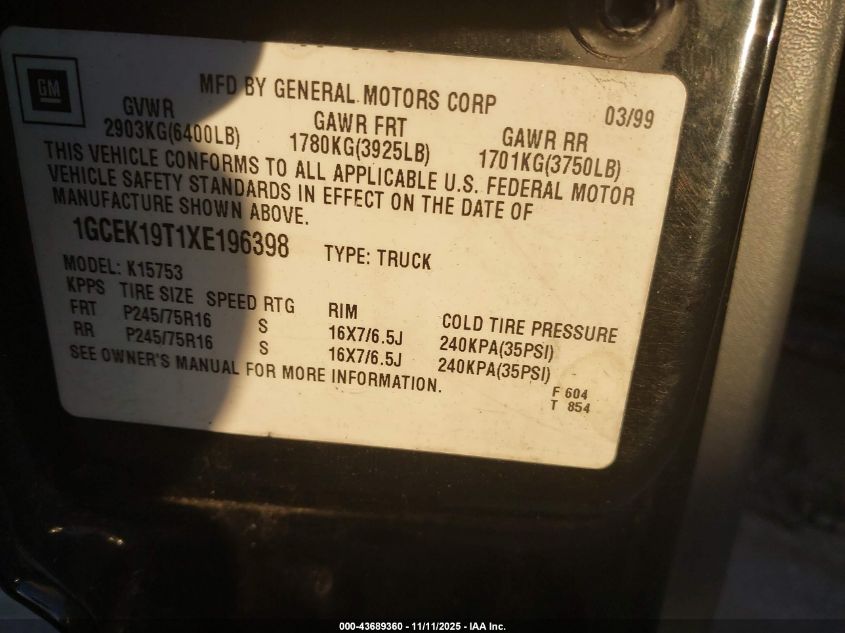1999 Chevrolet Silverado 1500 Lt VIN: 1GCEK19T1XE196398 Lot: 43689360
