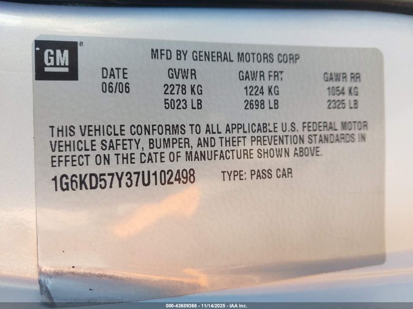 2007 Cadillac Dts Luxury I VIN: 1G6KD57Y37U102498 Lot: 43689366