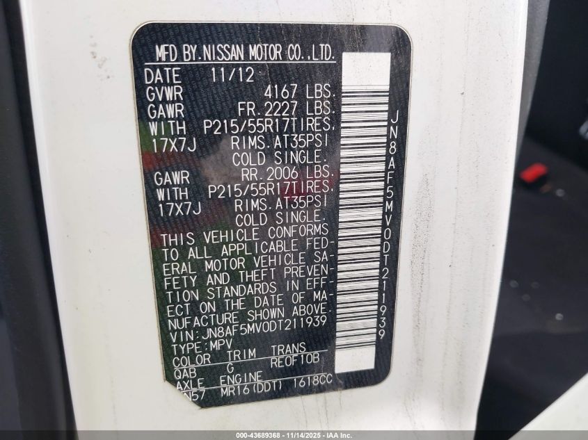 2013 Nissan Juke S VIN: JN8AF5MV0DT211939 Lot: 43689368