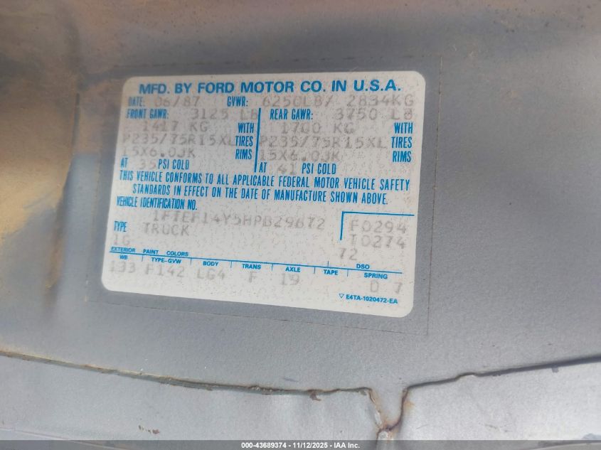 1987 Ford F150 VIN: 1FTEF14Y5HPB29672 Lot: 43689374