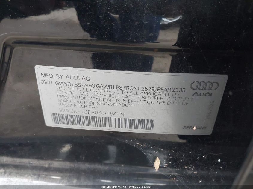 2008 Audi A4 2.0T VIN: WAUKF78E58A019419 Lot: 43689375
