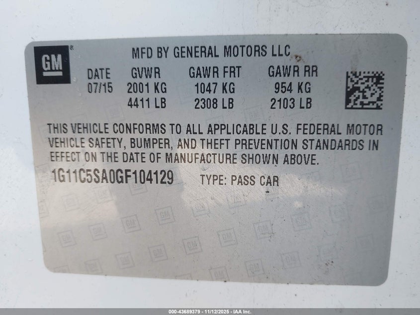 1G11C5SA0GF104129 2016 CHEVROLET MALIBU photo no. 9