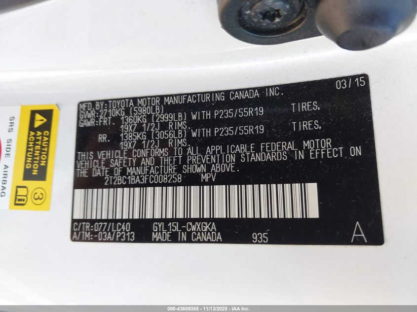 2015 Lexus Rx 450H VIN: 2T2BC1BA3FC008258 Lot: 43689385