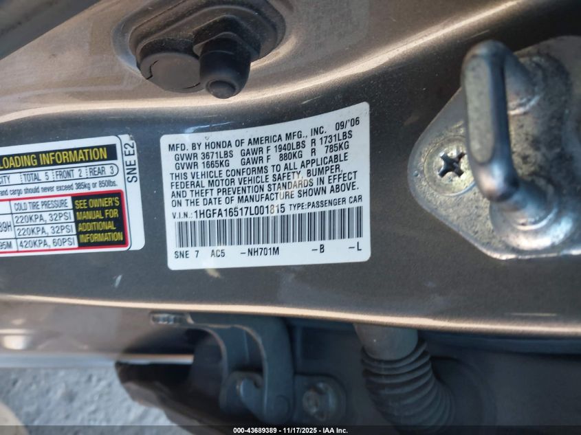 2007 Honda Civic Lx VIN: 1HGFA16517L001815 Lot: 43689389