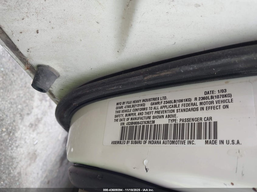 4S3BH806437639238 2003 SUBARU OUTBACK photo no. 9