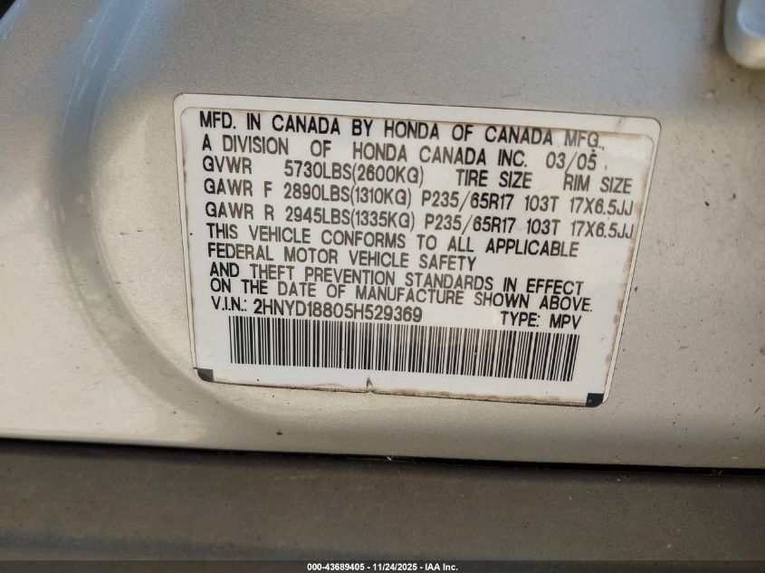 2005 Acura Mdx VIN: 2HNYD18805H529369 Lot: 43689405