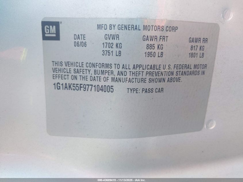 2007 Chevrolet Cobalt Ls VIN: 1G1AK55F977104005 Lot: 43689419