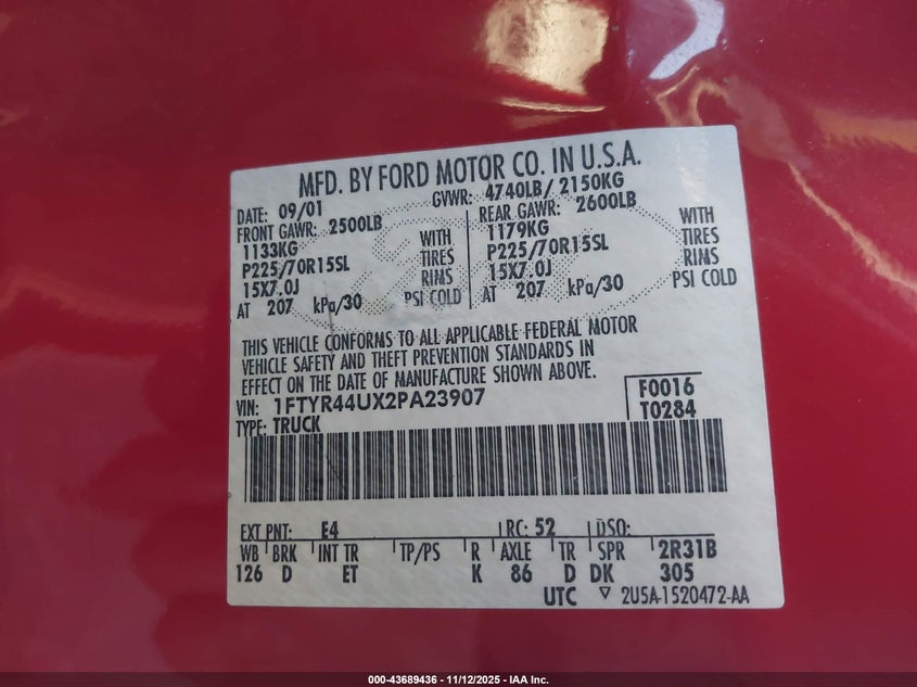 2002 Ford Ranger Edge Plus/Tremor Plus/Xlt Appearance VIN: 1FTYR44UX2PA23907 Lot: 43689436