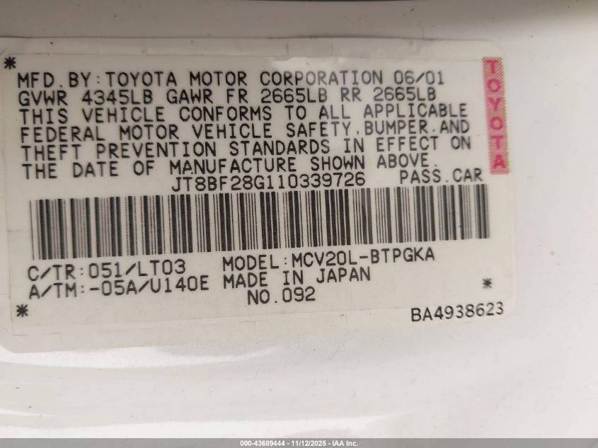 2001 Lexus Es 300 VIN: JT8BF28G110339726 Lot: 43689444