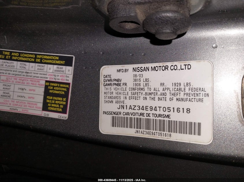 JN1AZ34E94T051618 2004 NISSAN 350Z photo no. 9
