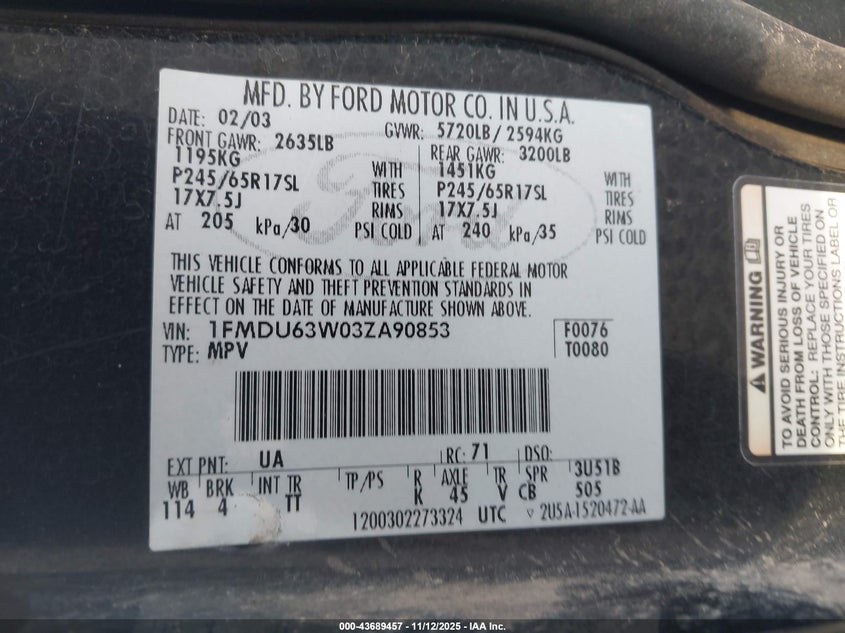 1FMDU63W03ZA90853 2003 FORD EXPLORER photo no. 9