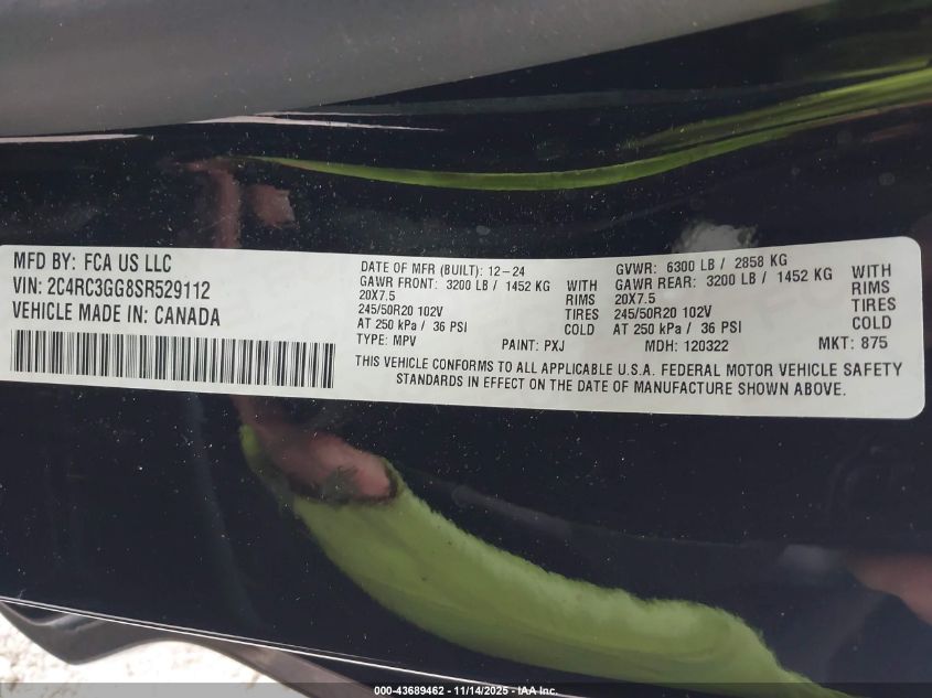 2025 Chrysler Pacifica Limited Awd VIN: 2C4RC3GG8SR529112 Lot: 43689462