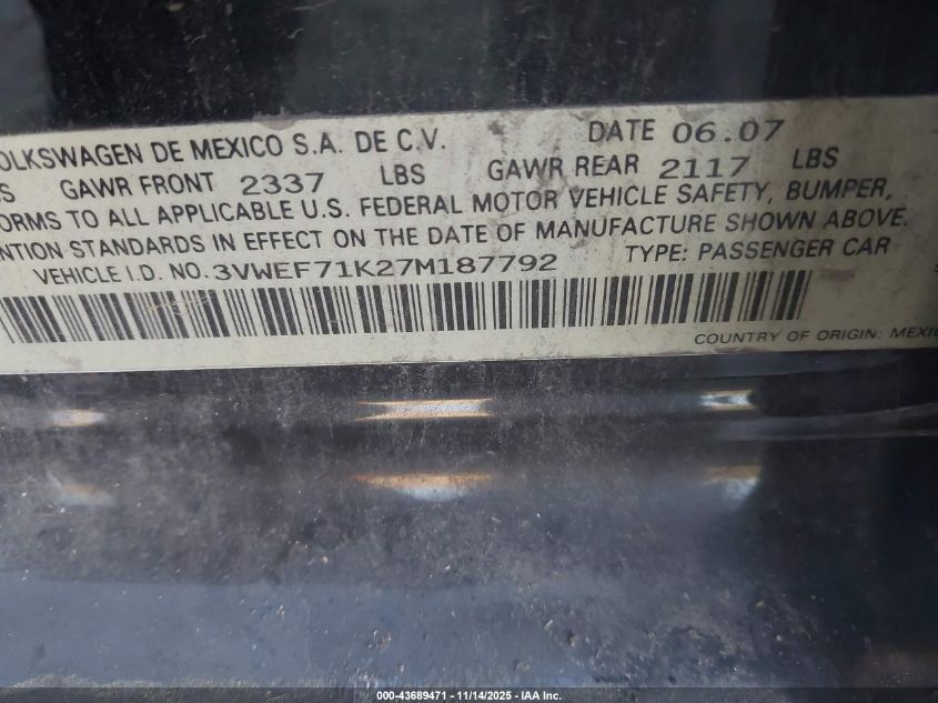 2007 Volkswagen Jetta Wolfsburg Edition VIN: 3VWEF71K27M187792 Lot: 43689471