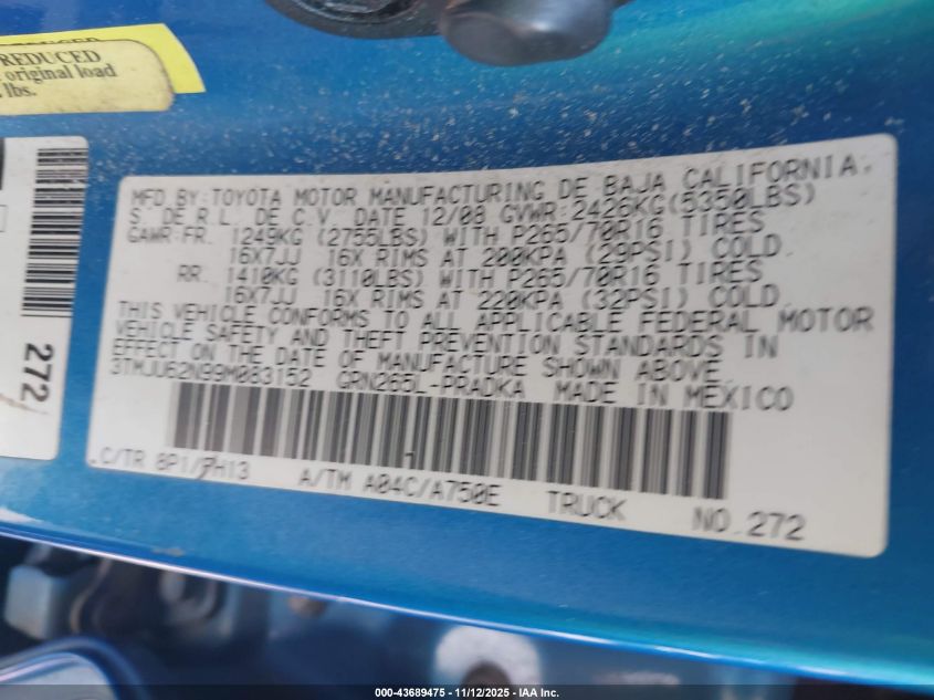 2009 Toyota Tacoma Prerunner V6 VIN: 3TMJU62N99M083152 Lot: 43689475