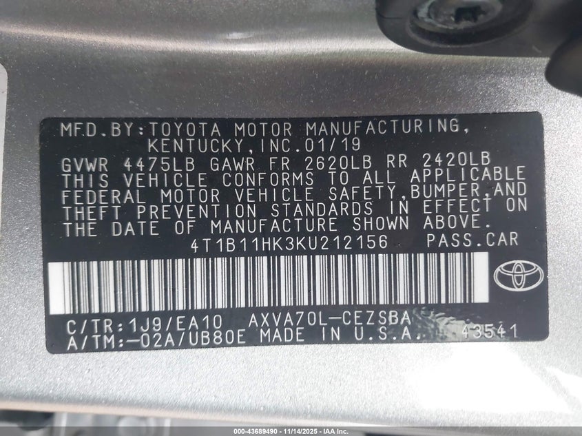 2019 Toyota Camry Se VIN: 4T1B11HK3KU212156 Lot: 43689490