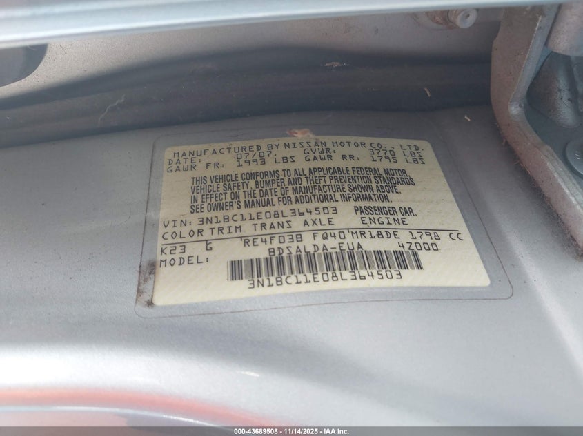 2008 Nissan Versa 1.8S VIN: 3N1BC11E08L364503 Lot: 43689508