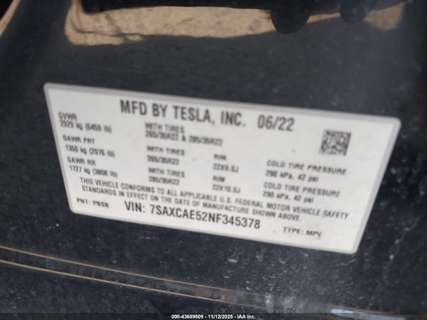 2022 Tesla Model X Dual Motor All-Wheel Drive VIN: 7SAXCAE52NF345378 Lot: 43689509