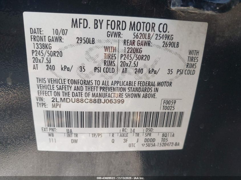 2008 Lincoln Mkx VIN: 2LMDU88C88BJ06399 Lot: 43689523