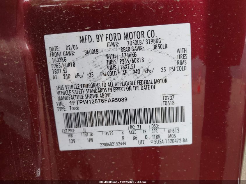 2006 Ford F-150 Lariat/Xlt VIN: 1FTPW12576FA95089 Lot: 43689543