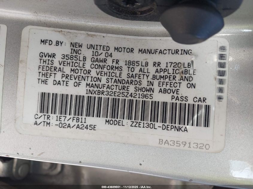 2005 Toyota Corolla Le VIN: 1NXBR32E25Z421965 Lot: 43689551