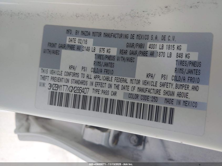 2016 Mazda Mazda3 I Sport VIN: 3MZBM1T7XGM286407 Lot: 43689571