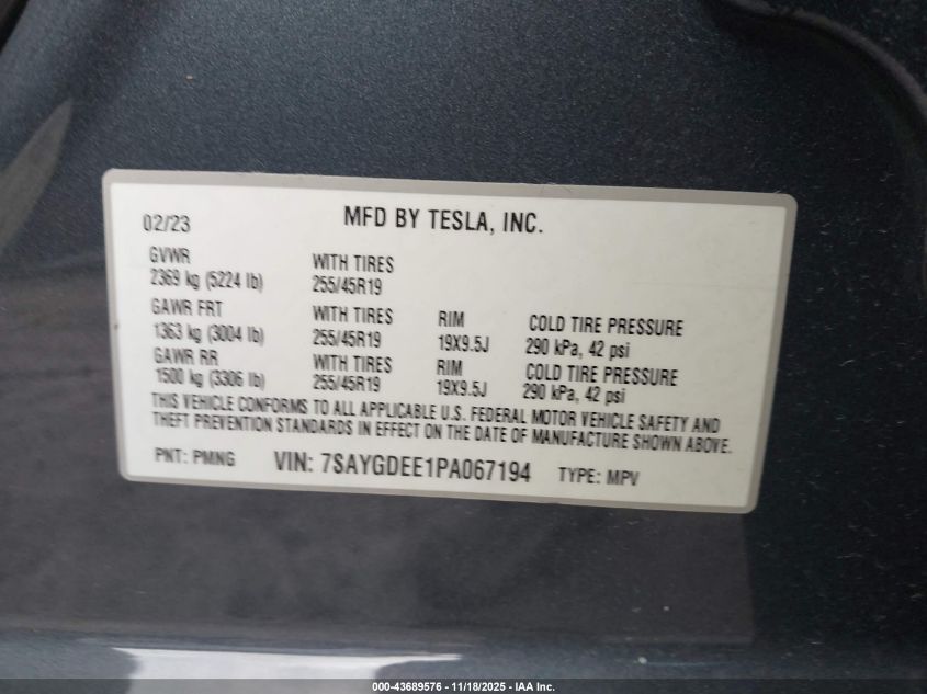 2023 Tesla Model Y Awd/Long Range Dual Motor All-Wheel Drive VIN: 7SAYGDEE1PA067194 Lot: 43689576