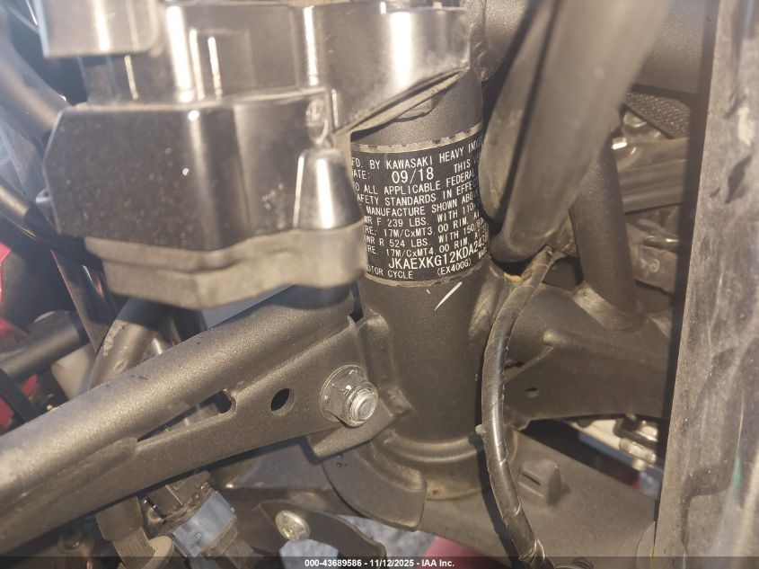 2019 Kawasaki Ex400 VIN: JKAEXKG12KDA24384 Lot: 43689586