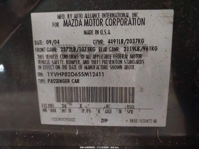 2005 Mazda Mazda6 S Base VIN: 1YVHP82D655M12411 Lot: 43689592