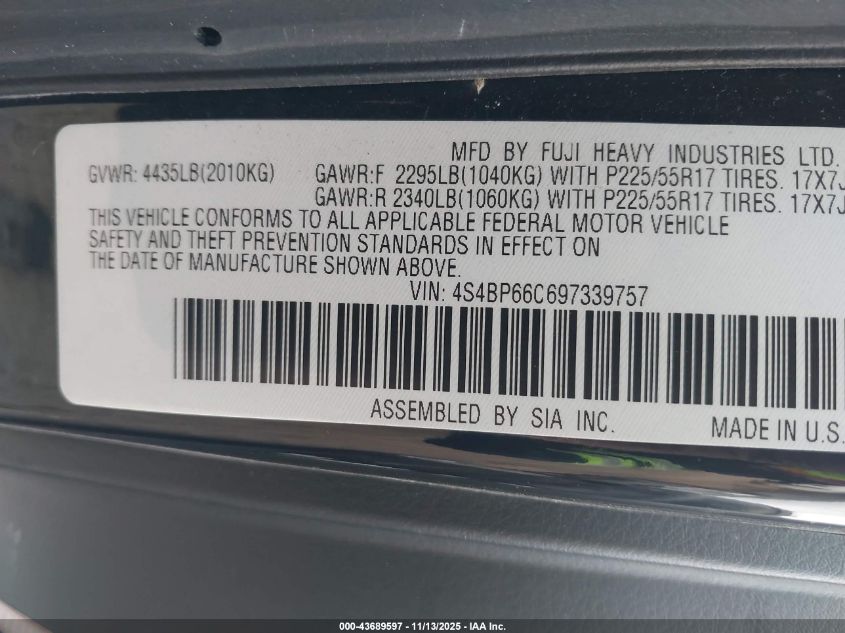 2009 Subaru Outback 2.5I Limited VIN: 4S4BP66C697339757 Lot: 43689597