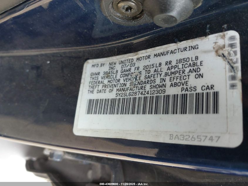 2004 Pontiac Vibe VIN: 5Y2SL62874Z412309 Lot: 43689600