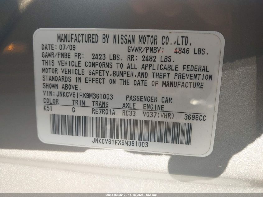 2009 Infiniti G37X VIN: JNKCV61FX9M361003 Lot: 43689612