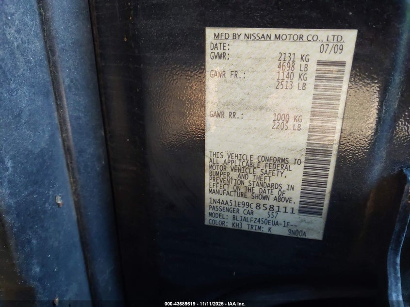 2009 Nissan Maxima 3.5 Sv VIN: 1N4AA51E99C858111 Lot: 43689619
