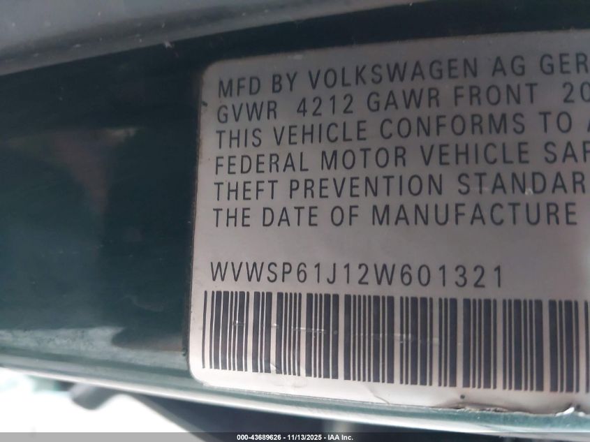 2002 Volkswagen Jetta Gls Tdi VIN: WVWSP61J12W601321 Lot: 43689626