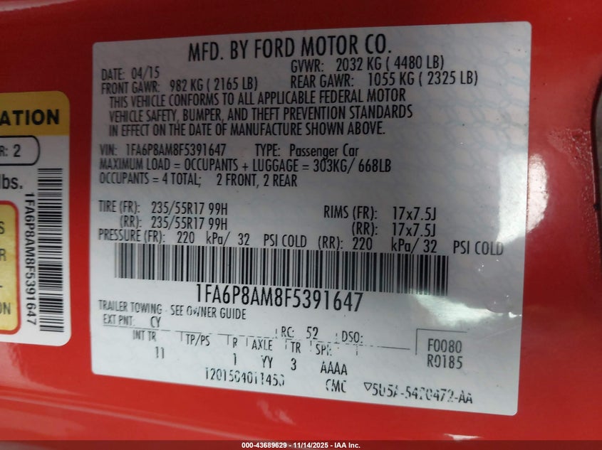 2015 Ford Mustang V6 VIN: 1FA6P8AM8F5391647 Lot: 43689629
