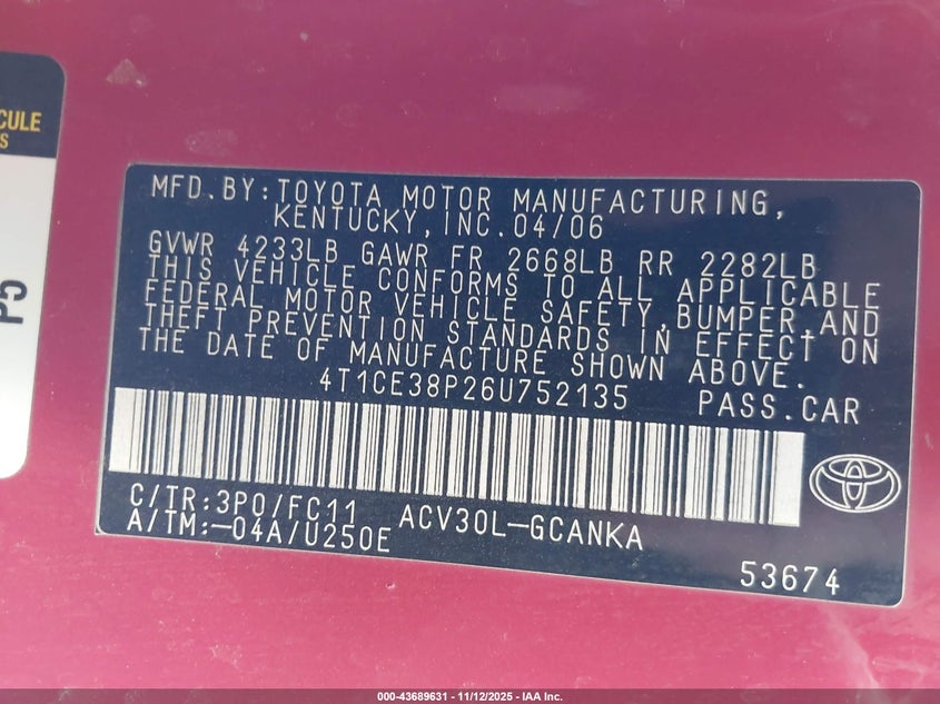 2006 Toyota Camry Solara Se Sport VIN: 4T1CE38P26U752135 Lot: 43689631