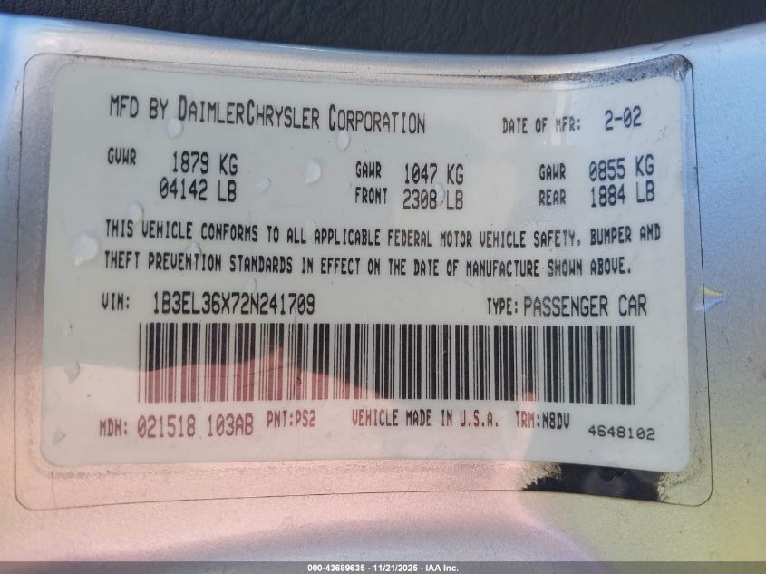 2002 Dodge Stratus Se VIN: 1B3EL36X72N241709 Lot: 43689635