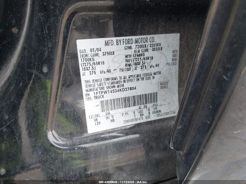 2004 Ford F-150 Fx4/Lariat/Xlt VIN: 1FTPW14534KD27804 Lot: 43689645
