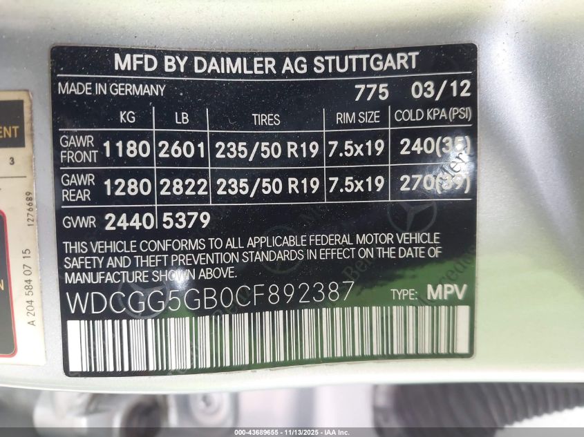 2012 Mercedes-Benz Glk 350 VIN: WDCGG5GB0CF892387 Lot: 43689655