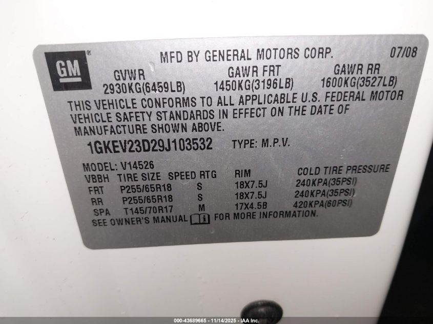 2009 GMC Acadia Slt-1/Slt-2 VIN: 1GKEV23D291103532 Lot: 43689665