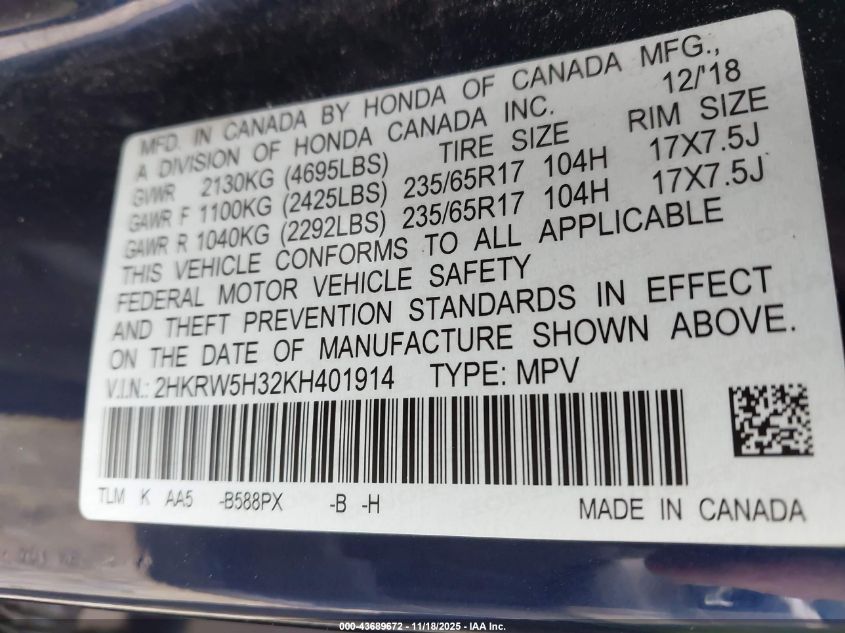 2019 Honda Cr-V Lx VIN: 2HKRW5H32KH401914 Lot: 43689672