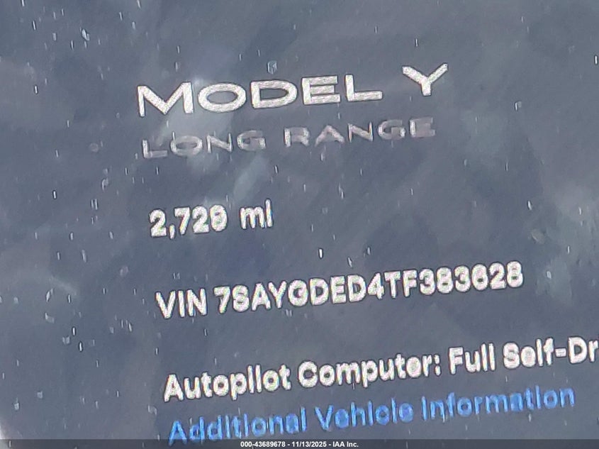 2026 Tesla Model Y VIN: 7SAYGDED4TF383628 Lot: 43689678